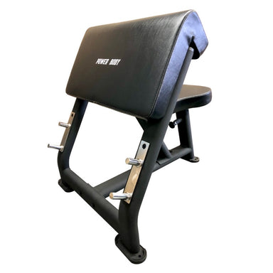 Power Body XS-110 preacher curl bench in black with racking pegs